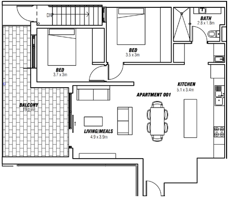 Two bedroom floor plan at Arete Apartments